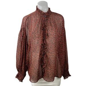 Mango MNG Brown Printed Ruffle Button Up Long Puff Sleeve Sheer Blouse Top Sz 4